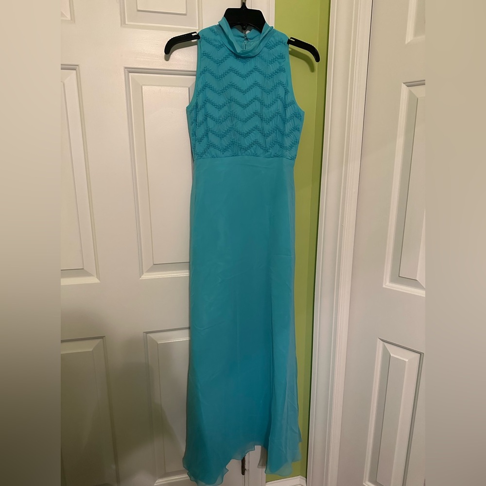 Vintage 60s Aqua High Neck Chevron Maxi Dress